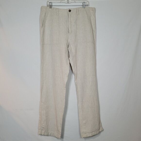 Old Navy 100% Linen Trouser Pants Womens L Beige 4 Pockets Straight Leg 36x32.5 - Picture 1 of 10